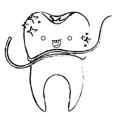 kawaii tooth with root and dental floss around in in monochrome blurred silhouette