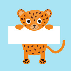 Naklejka premium Black funny jaguar cat hanging on paper board template. Kitten body with paw print, tail. Cute cartoon character. Kawaii animal. Baby card. Flat design style. Blue background Isolated