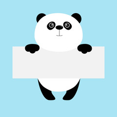 Funny panda bear hanging on paper board template. Kawaii animal body. Cute cartoon character. Baby card. Flat design style. Blue background Isolated