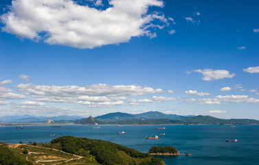 The ships stand in the roadstead in the big bay on a summer day.