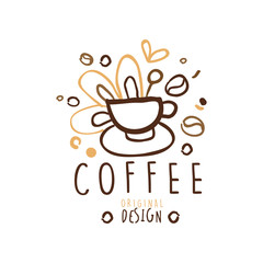 Hand drawn original logo design with cup of coffee