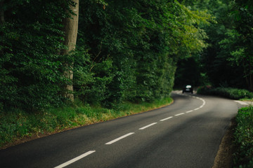 Cars driving on the asphalt road passing through the green forest in the region of Normandy, France. Summer nature, countryside landscape, transportation and road network concept.
