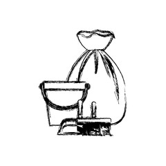 bucket and dustpan and broom and garbage bag in monochrome blurred silhouette