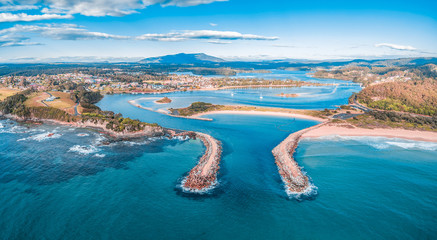 Aerial panorama of beautiful coastal town Narooma, NSW, Australia
