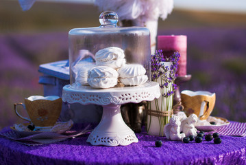   feather marshmallow festive decor romantic dinner in the lavender field