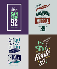 Vintage hot rod, classic car and motorcycle isolated vector t-shirt logo set.