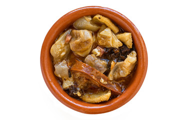 Callos a la madrileña. Typical spanish food made with stomach cow, snout, leg, and spicy pork...