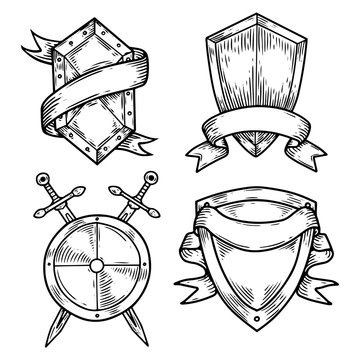 Set of isolated medieval shields with ribbons