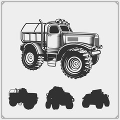 Set of off-road suv car illustration and silhouettes.