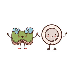 kawaii cartoon dish and sponge holding hands in colorful silhouette