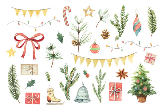 Watercolor vector Christmas set with fir branches, balls, gifts, garlands and bow.