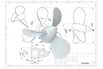 3d illustration of boat propeller above engineering drawing © Ildar