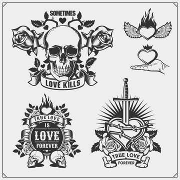 True love is love forever. Emblems with sword, heart and skull.
