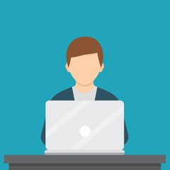 Man working with laptop. Vector illustration. Flat design, social networking