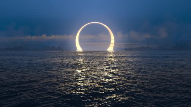 Blue sunset and solar eclipse over seamlessly looped ocean. 