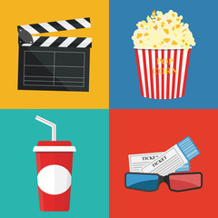 Vector illustration. Popcorn and drink. Film strip border. Cinema movie night icon in flat design style. Bright background.