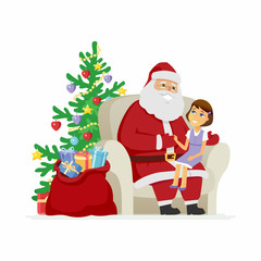 Santa and a girl - modern vector cartoon characters isolated illustration