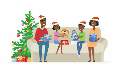 Fototapeta premium Happy African family open Christmas presents - cartoon people characters illustration