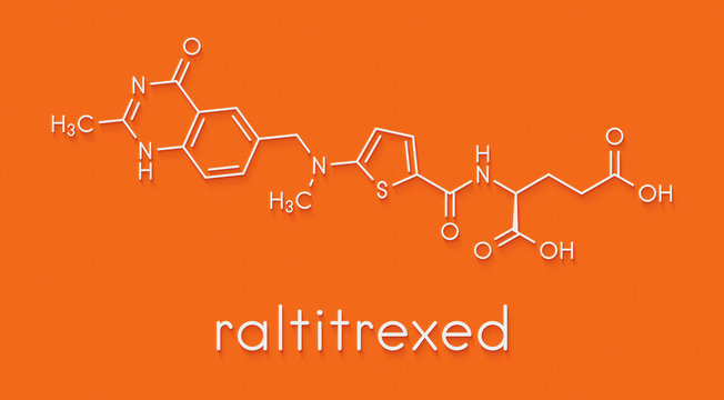 Raltitrexed cancer chemotherapy drug molecule. Skeletal formula.