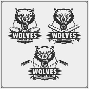 Football, baseball and hockey logos and labels. Sport club emblems with wolf.