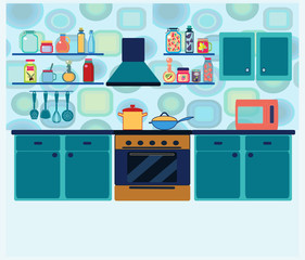 interior kitchen with cooking equipment in geometric background