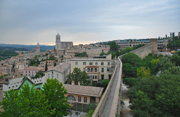 Evening panorama of the Spanish city of Girona and Сathedral church