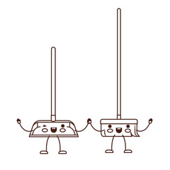 kawaii cartoon broom and dustpan holding hands in brown silhouette
