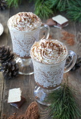 Hot cocoa with milk and whipped cream 