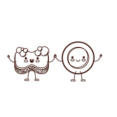 kawaii cartoon dish and sponge holding hands in brown silhouette