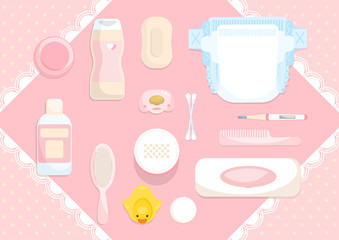 Pastel pink baby items. Sweet bath baby accessories on pink background. Baby care supplies. Vector illustration.