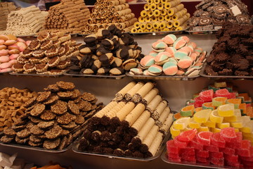 Mixed colorful candies background and sweets