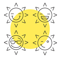 Sun smiles linear icons set