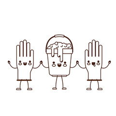 kawaii cartoon gloves and bucket with soapy water holding hands in brown silhouette