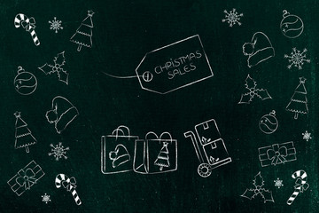 Christmas price tag with parcels and shopping bags sorrounded by decoration icons