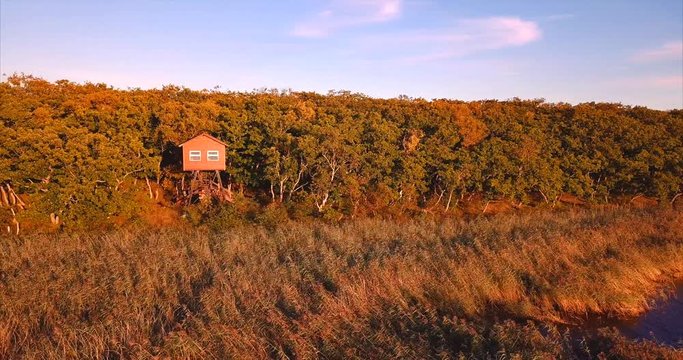 Aerial panoramic view of the birdman house near lake Blagodatnoye at the Sikhote-Alin Nature Reserve in Russian Far East. It has been inscribed on the UNESCO World Heritage List since 2001 