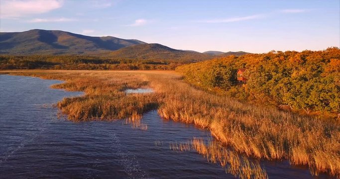 Flying above the lake Blagodatnoye, aerial view of the birdman house at the Sikhote-Alin Nature Reserve in Russian Far East. It has been inscribed on the UNESCO World Heritage List since 2001.