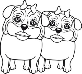möpse 2 freundinnen team paar pärchen freunde weiblich schön hübsch frau mädchen girl mops klein dick hund welpe süß niedlich haustier comic cartoon