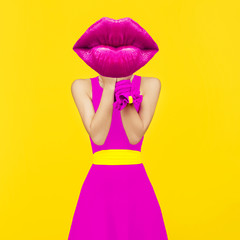 Contemporary art collage. Lady Crimson lips. Makeup Lipstick concept. Minimal design Flat lay Store