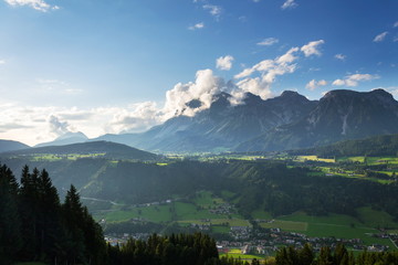 Fototapeta premium Sunset over Dachstein mountains range in Northern Limestone Alps, Schladming