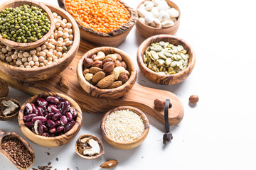 Legumes. seeds and nuts on white