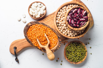 Legumes - lentils, chickpeas, beans, green mung bean on white