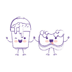 kawaii cartoon bucket with handle and full of water with soap detergent and sponge holding hands in purple blurred silhouette