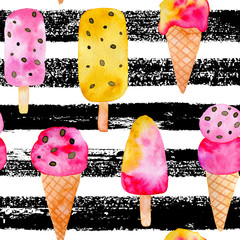 Watercolor seamless pattern with ice-creams. Raster hand drawn