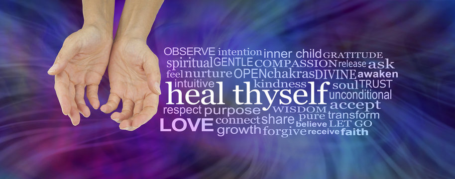 Heal Thyself Word Cloud - female hands in cupped position on a deep  blue and magenta swishing energy background  with a white HEAL THYSELF word cloud to the right 
