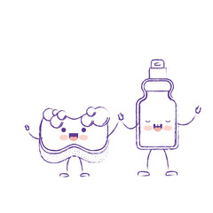 kawaii cartoon sponge and detergent bottle holding hands in purple blurred silhouette
