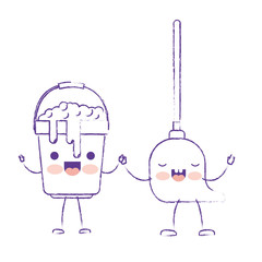kawaii cartoon bucket with soapy water and mop holding hands in purple blurred silhouette