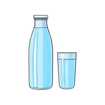 Vector cartoon glass bottle and cup of fresh cold water. Isolated illustration on a white background. Soft drink, refreshing beverage image.