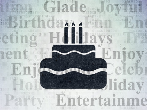 Holiday concept: Painted black Cake icon on Digital Data Paper background with  Tag Cloud