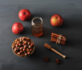 autumn harvest - apples, honey, nuts