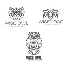wise hand drawn sitting wise owl, owl head closeup set. brand logo stylized design silhouette pictogram. Line icon bird isolated illustration on a white background.